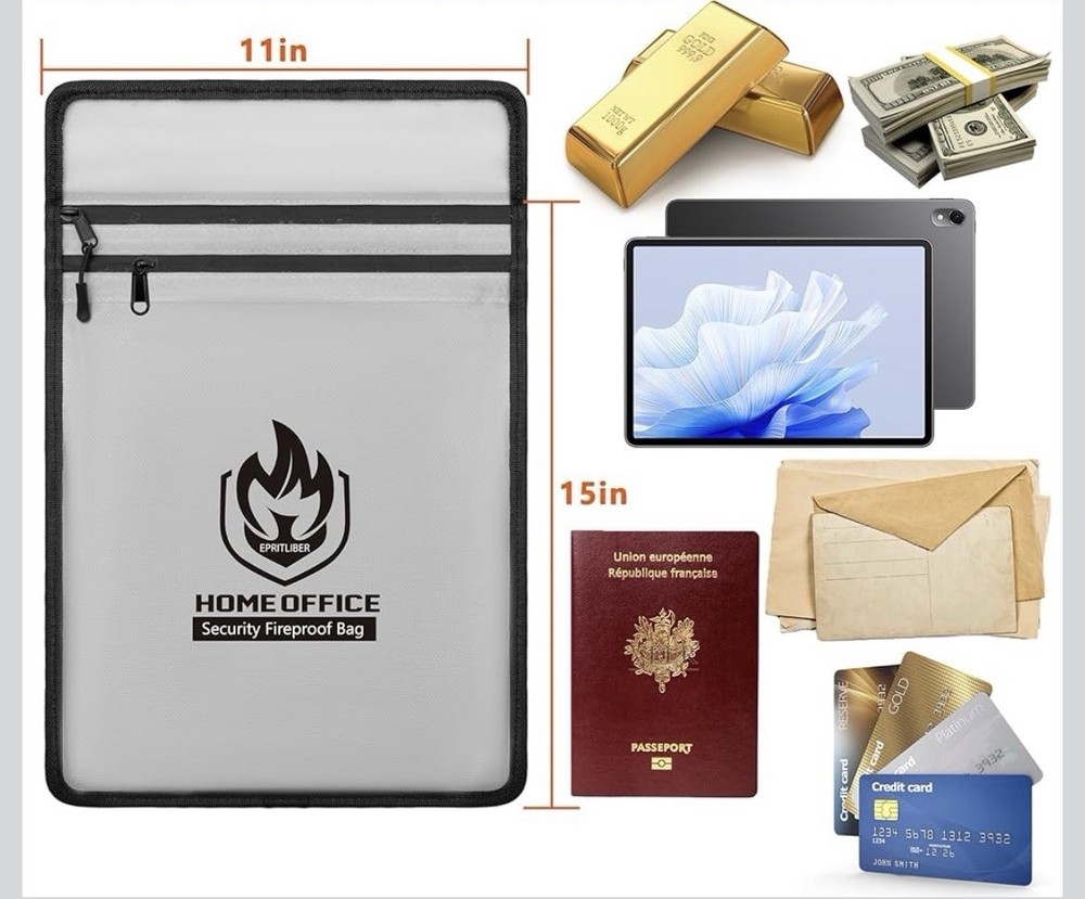 Two Pockets Fireproof Document Bag (2000℉), andyer 15”x 11”Waterproof Fireproof