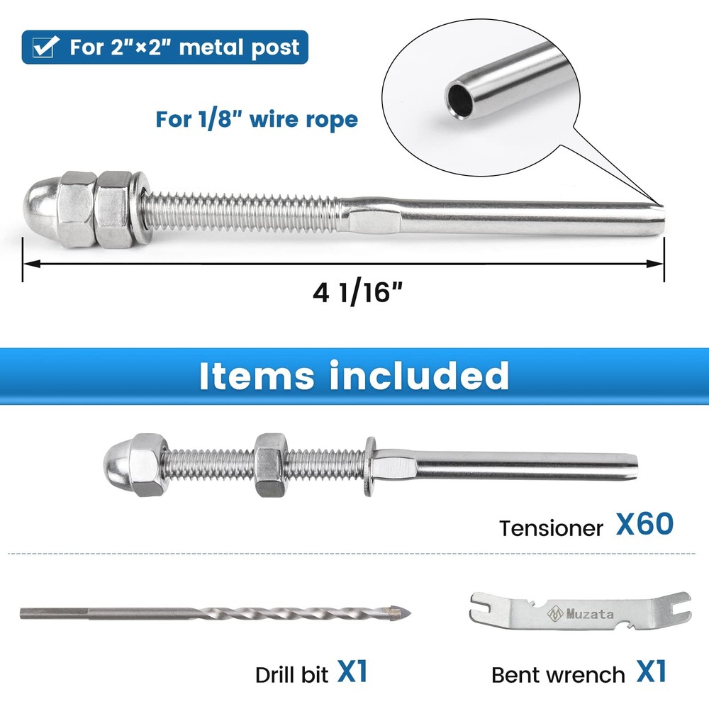 Muzata 60 Pack 1/8" Cable Railing Hardware For 2"x2&quot Post, Silver