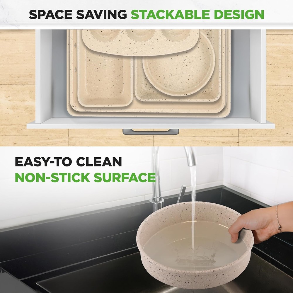 NutriChef 8PC Stackable Carbon Steel Nonstick Bakeware Set Marble Cream