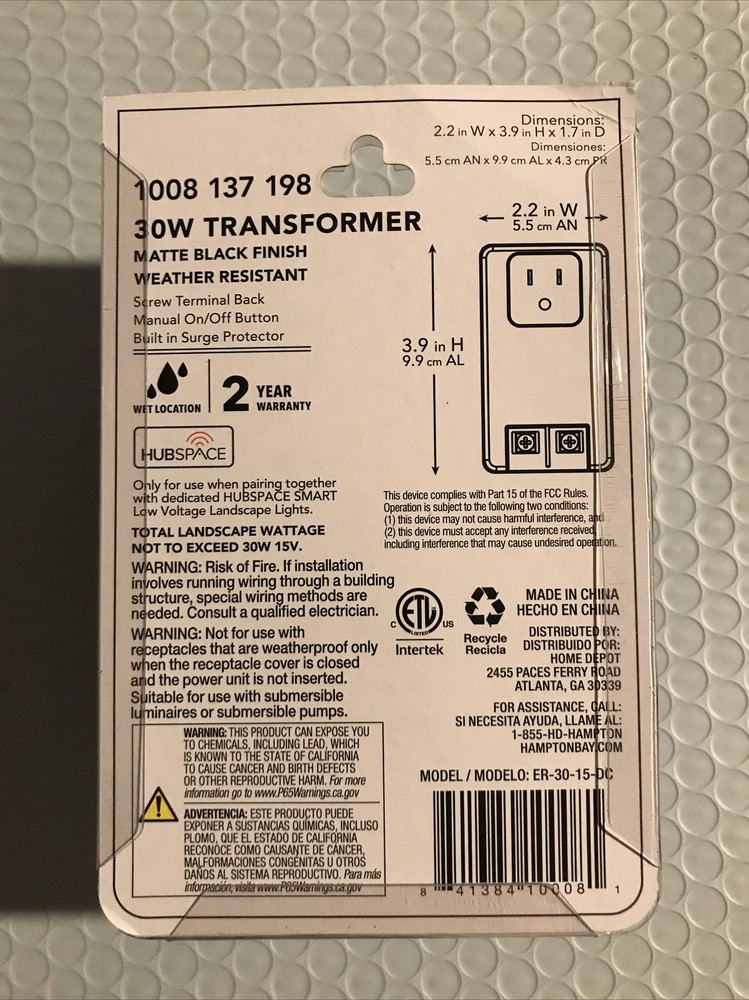 Hampton Bay 30 Watt 15 Volt Plugin Low Voltage Transformer