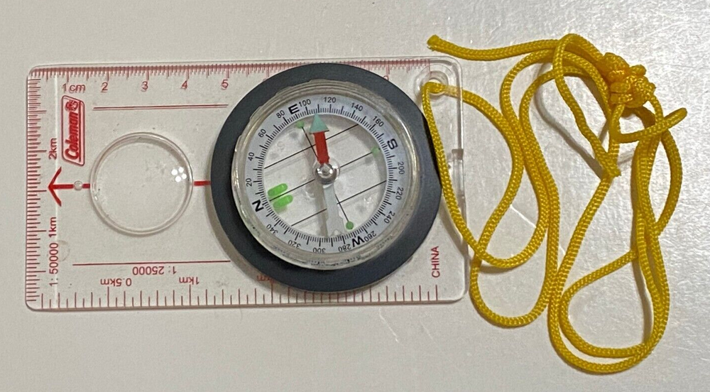 Coleman Compass, Orienteering Dial, Magnifier, and Cord
