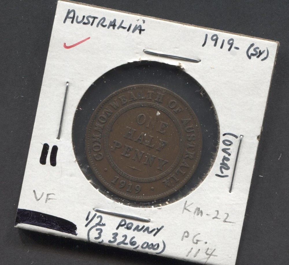 1919-Australia-VF-KM-22-1/2 Penny