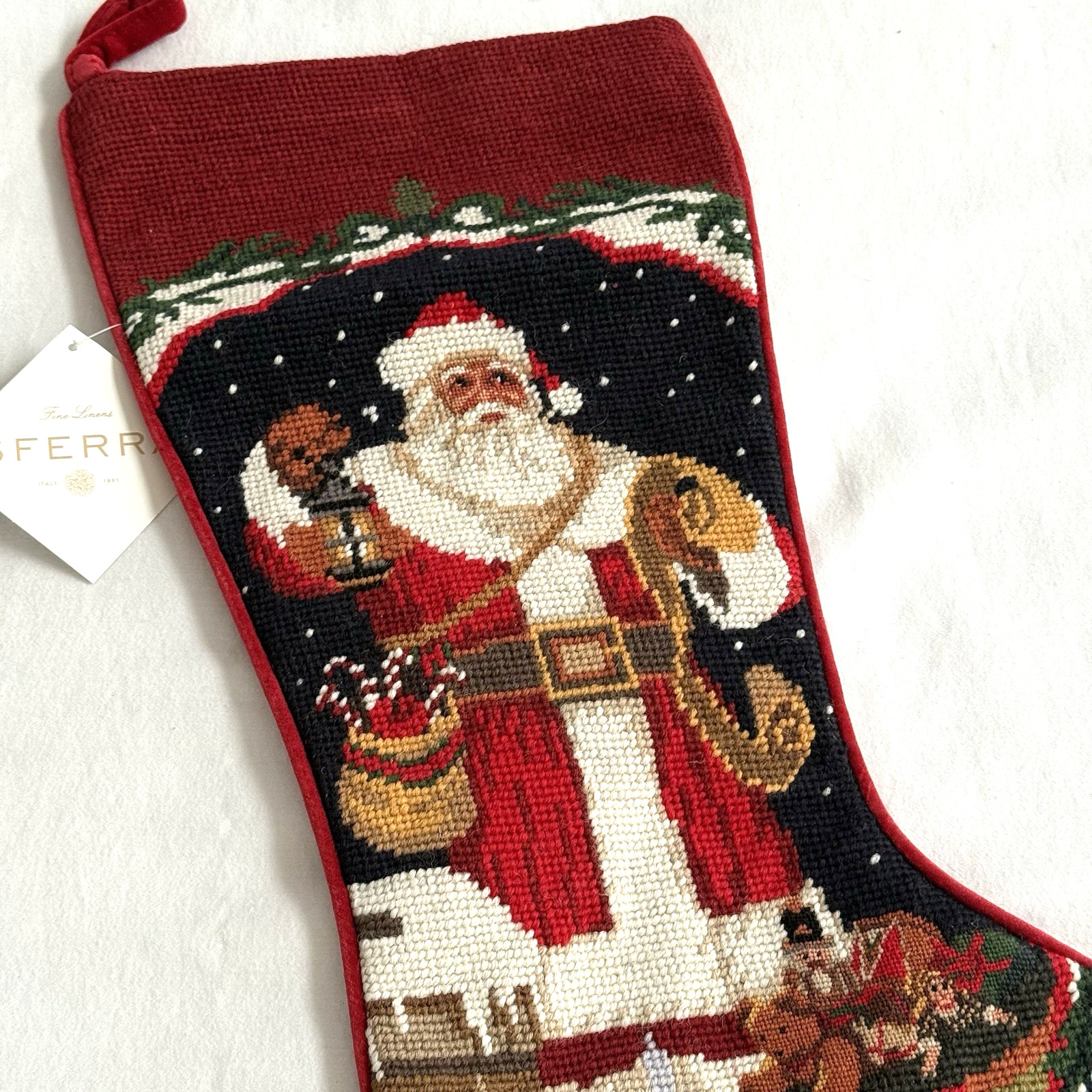 Sferra Needlepoint Christmas Stocking ROOFTOP SANTA Wool NEW