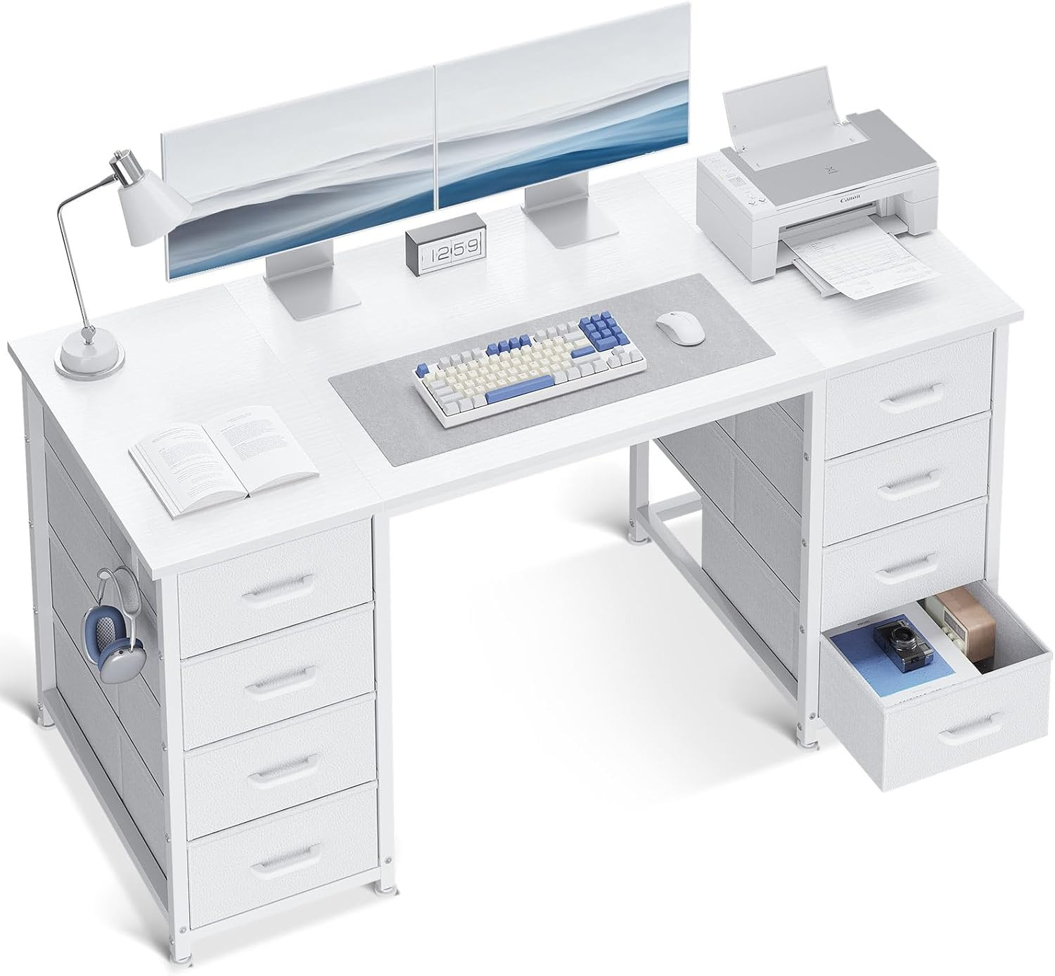 ODK 48 Inch White Computer Desk with 8 Fabric Drawers, Modern Office Desk