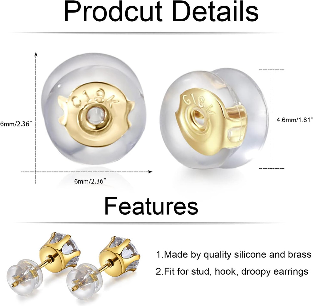 Earring Backs for Droopy Ears, 18K Gold Silicone Earring Backs for Studs Heavy E