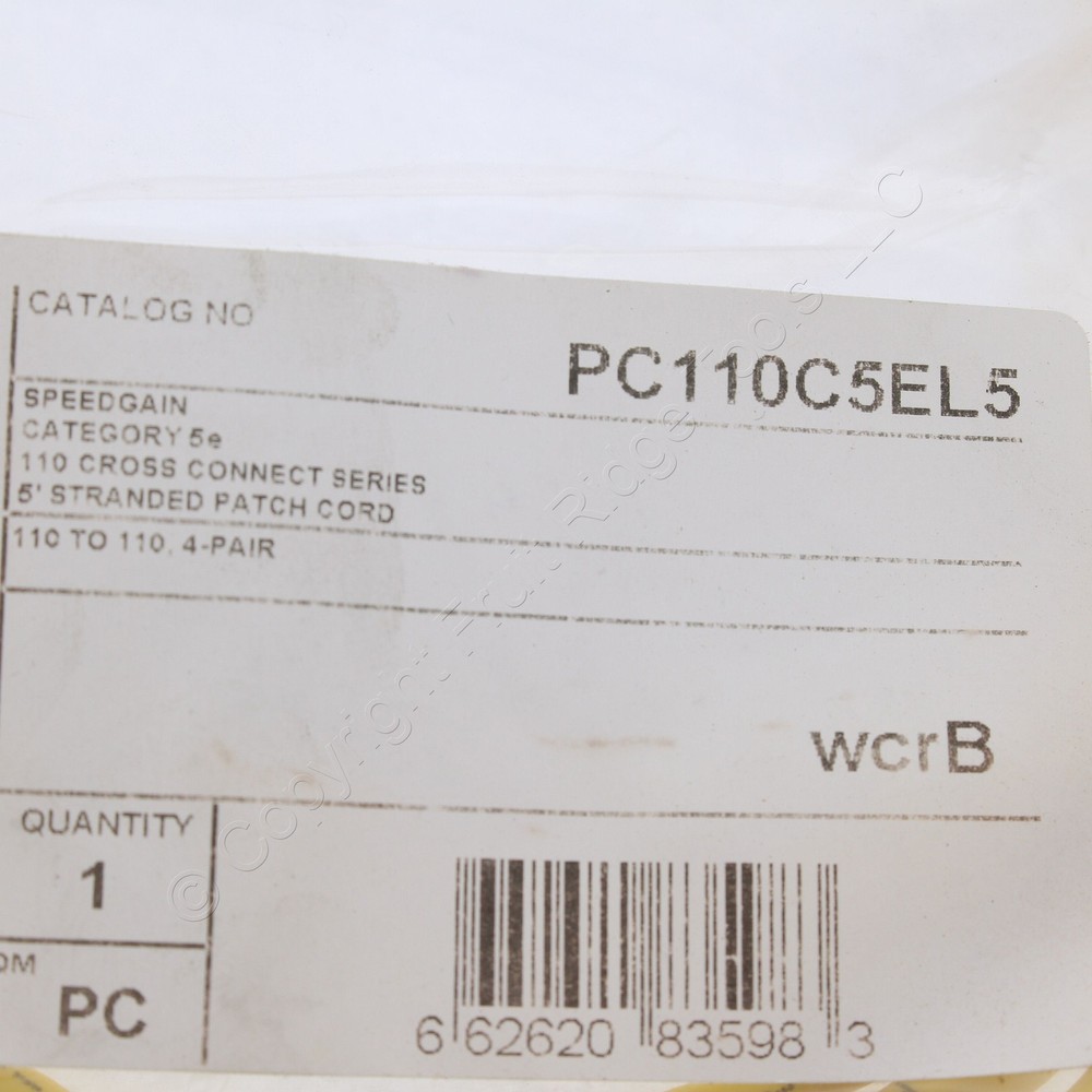 Hubbell PC110C5EL5 Cat5e Yellow 5ft Ethernet Patch Cord 110-Type Plug Cable Data