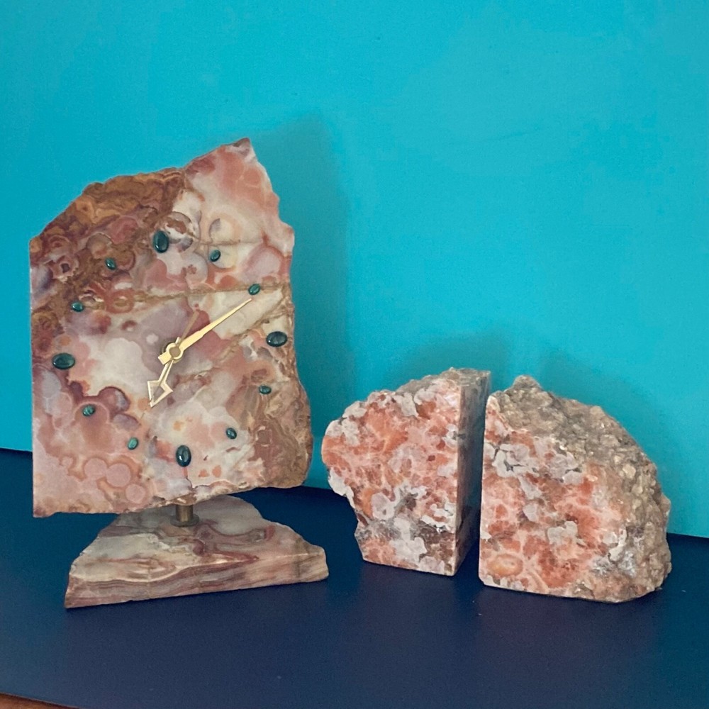 GEODE Desk Clock & bookends  1970s Natural red Agate & Malachite Stone Slab