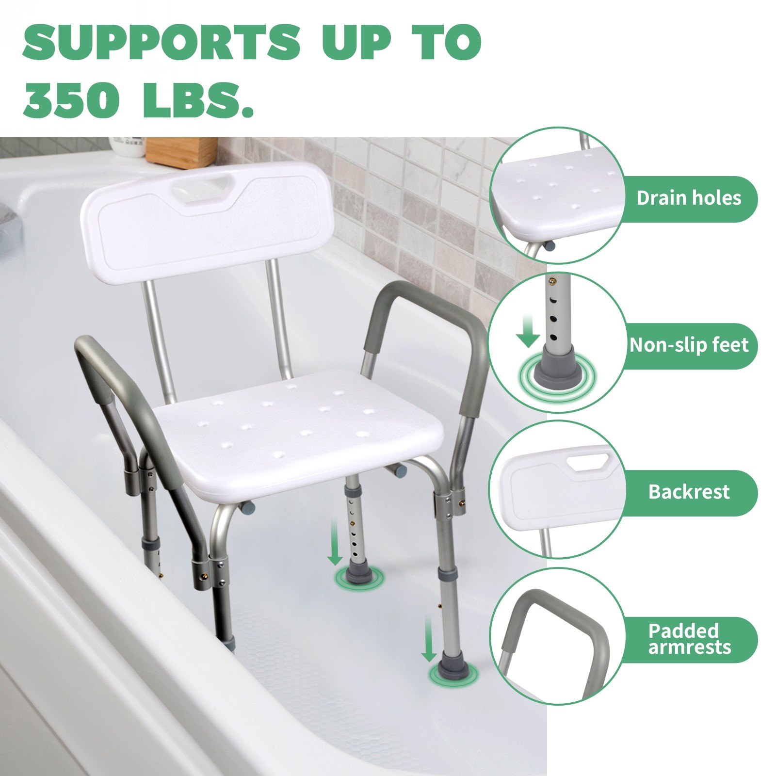 Adjustable Height 350lb Shower Chair with Arms & Back – Non-Slip Bath Stool
