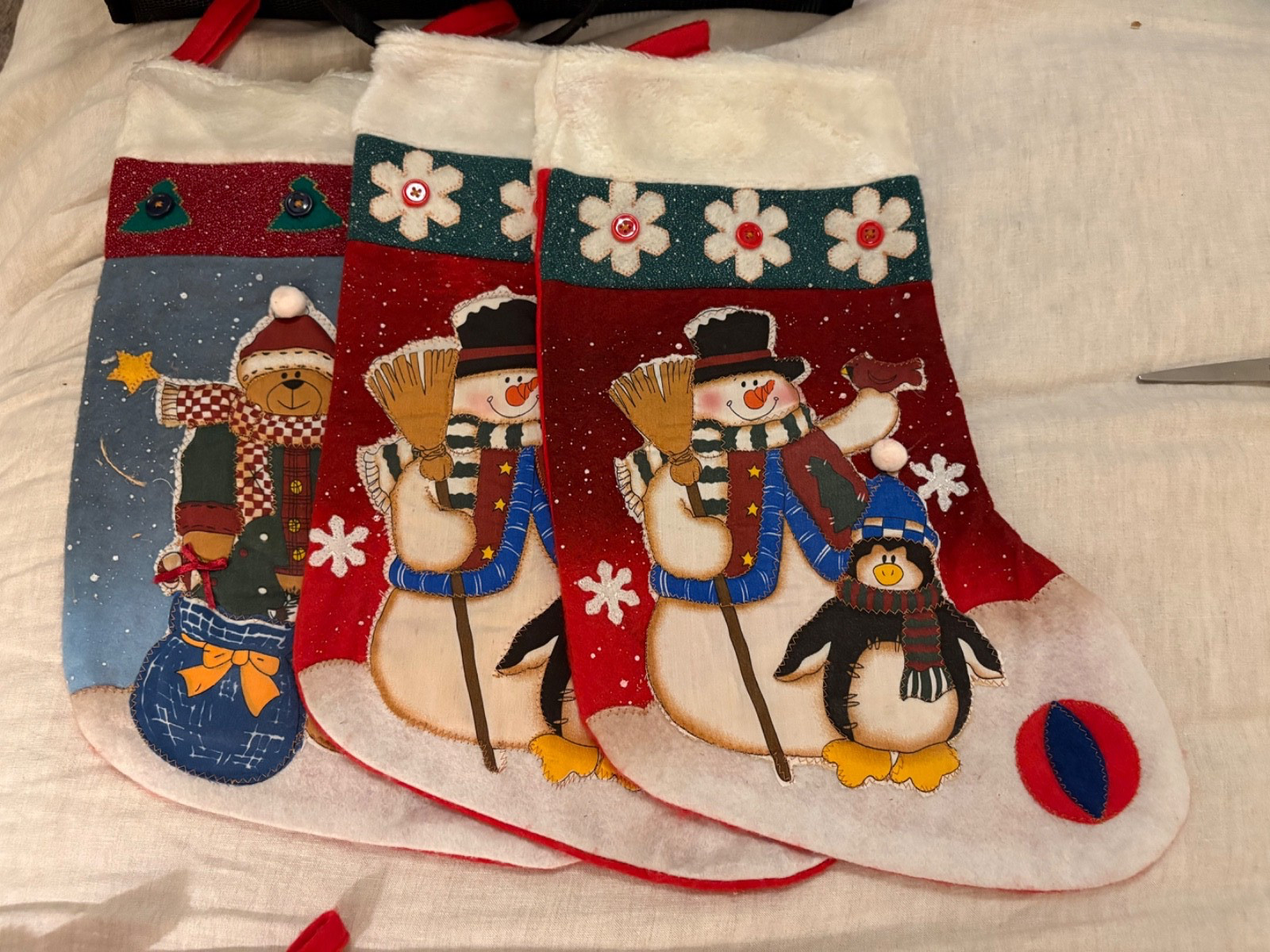 6 Vintage Handmade Felt Christmas Stocking Large 21.5x12.5 snowman