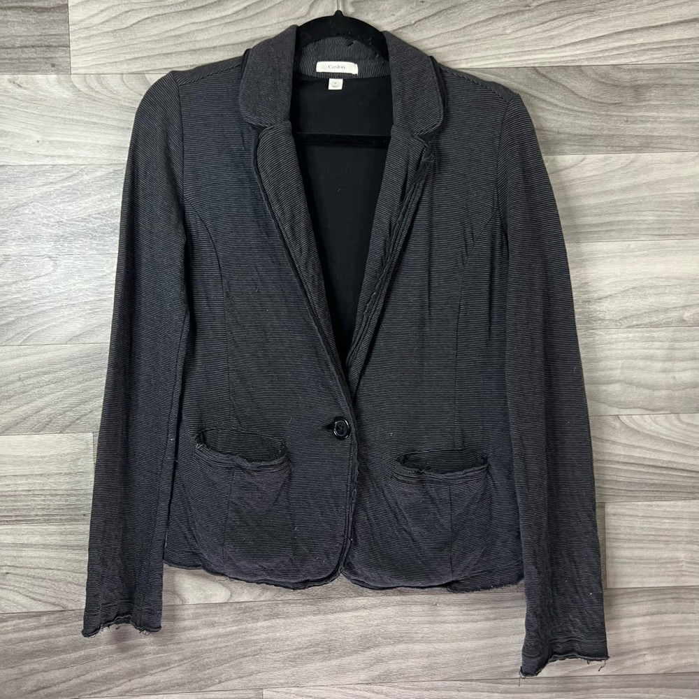 Caslon Womens Blazer Jacket Gray Black Striped Single Button Stretch Knit S