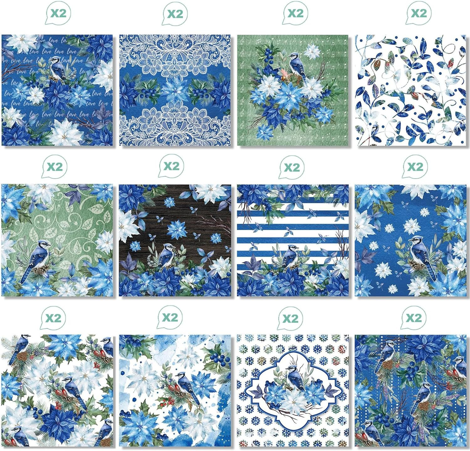 Blue Floral Scrapbook Paper 12x12 Double-Sided 24 Sheets Craft & Card Making