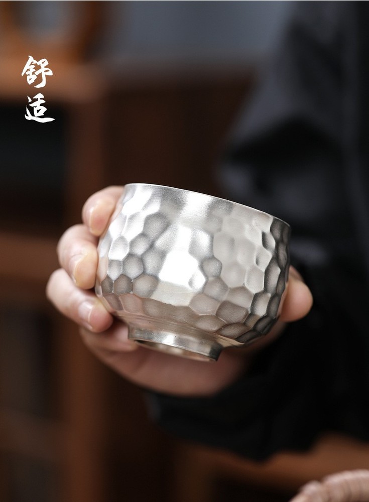 KungFu Tea Set 999 Sterling Silver Pot Cup Ceramic Hammer Pattern Portable Set