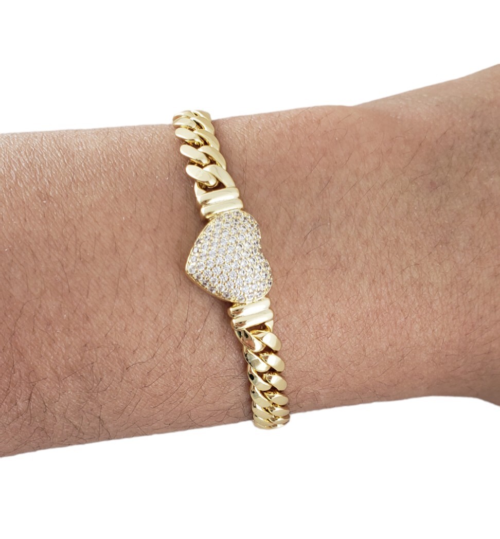 14K Gold Plated Cz Heart Cuban Choker Chain Necklace And Bracelet Set