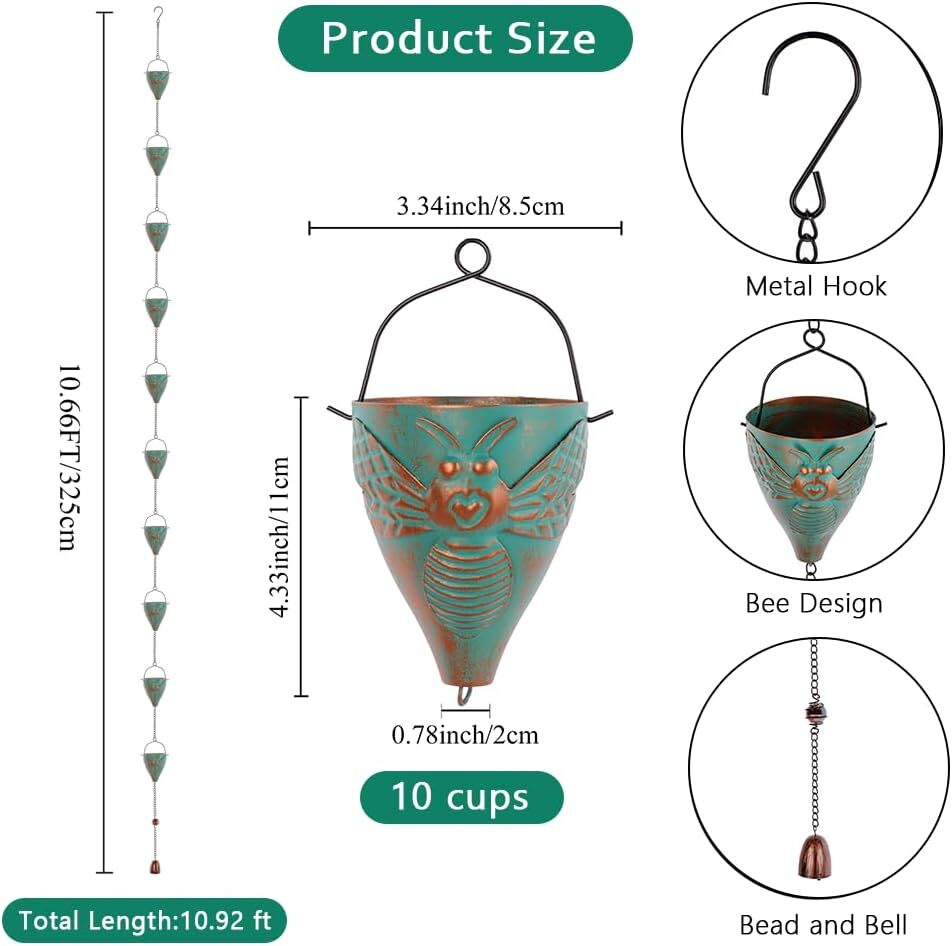 10 FT Rain Chain with Bee Pattern Cups Adjustable Decorative Gutter Rain Catch