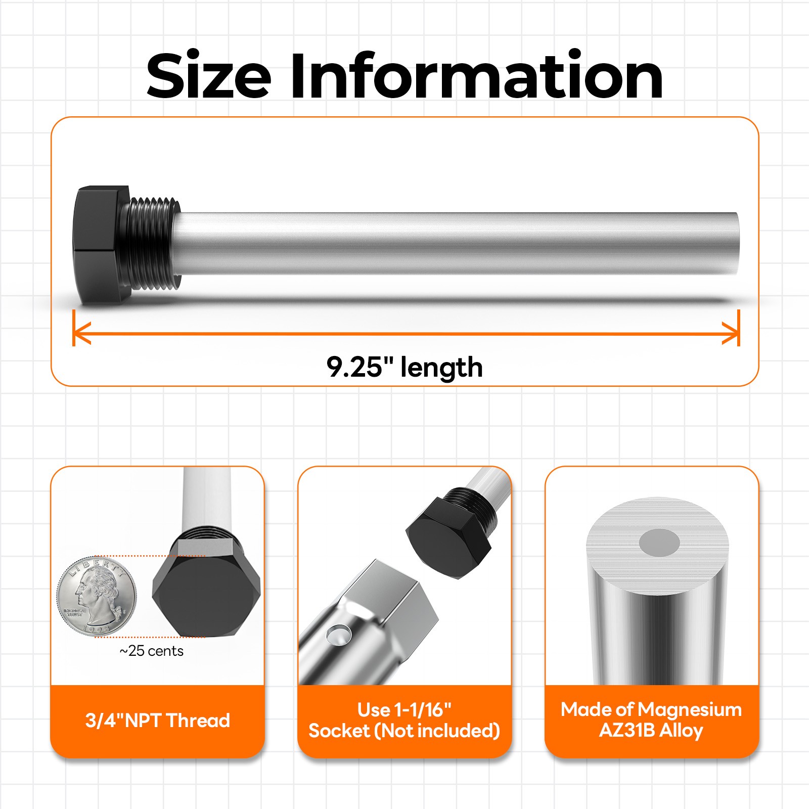 RV Water Heater Magnesium Anode Rod 9.25" inch 3/4" NPT for Suburban SW6DE