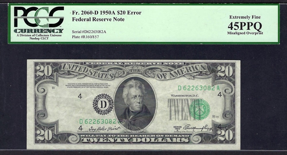 🇺🇸 1950A $20 ERROR  ♚♚MISALIGNED OVERPRINT♚♚  PCGS EX FINE 45 PPQ
