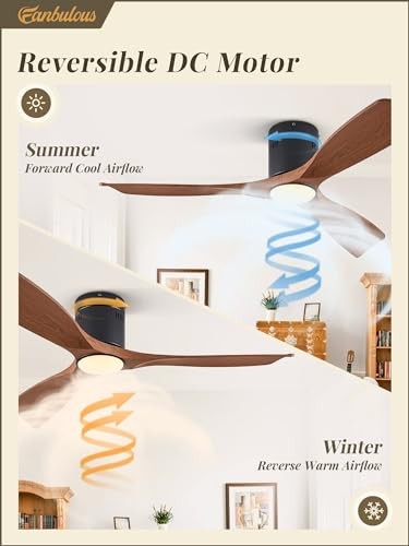 52" Ceiling Fans with Lights and Remote Control,Modern Flush Walnut With Light