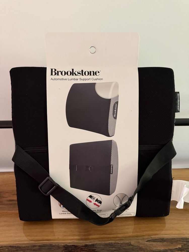 Brookstone Lumbar Support Cushion Black Premium Memory Foam Adjustable Strap