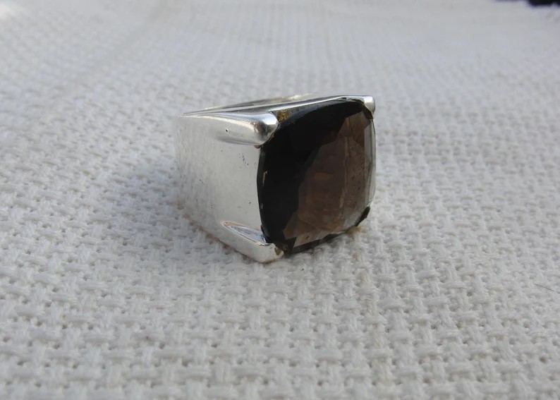 Solid 925 Sterling Silver Natural Smoky Quartz Cushion Cut Stone Statement Ring