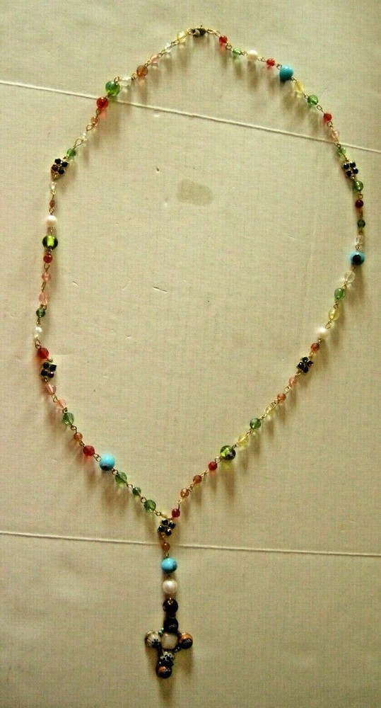 Rosary Necklace, Multicolor Beads, 20", Brand New
