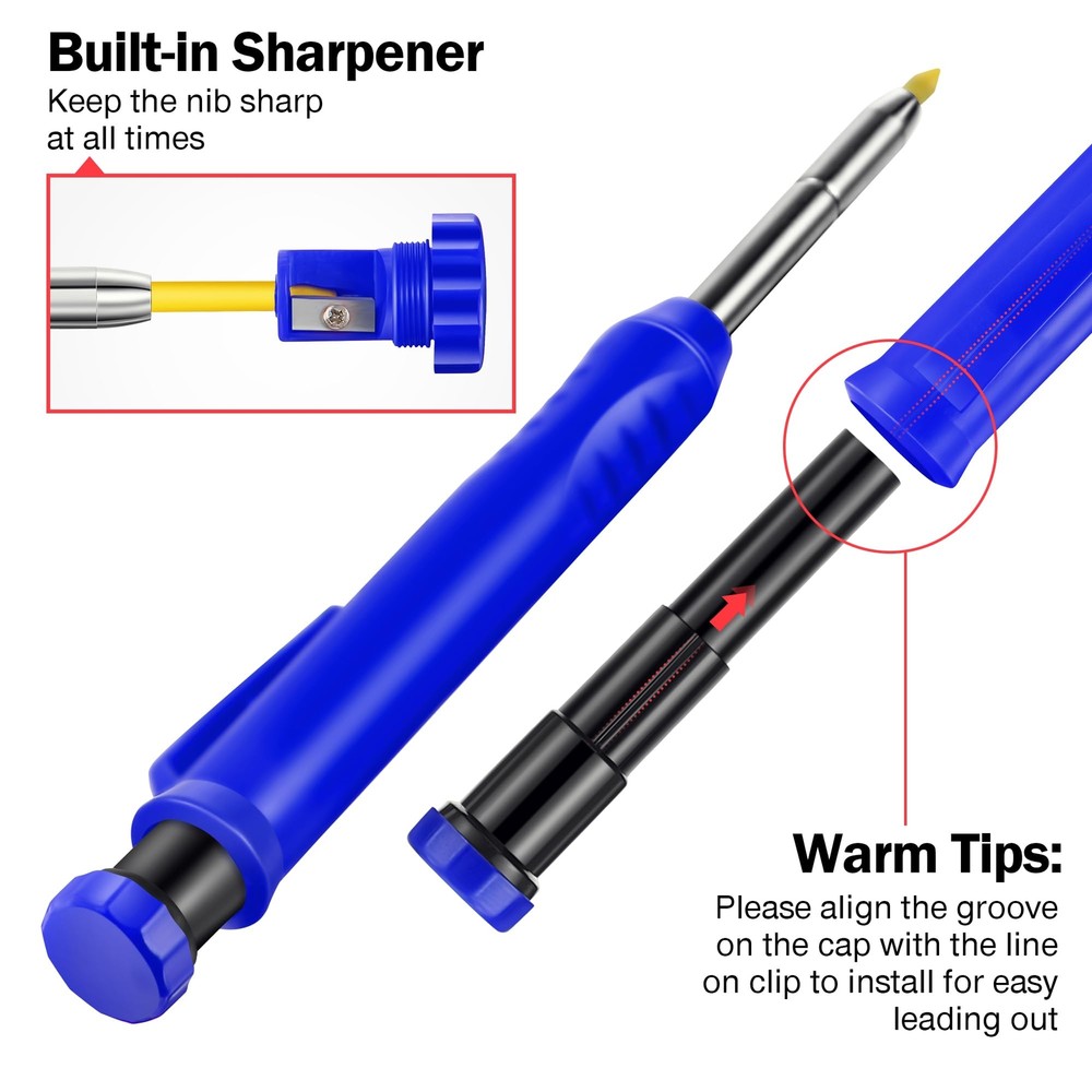 Solid Carpenter Pencil Set for Construction with 7 Refills Built-in Sharpener