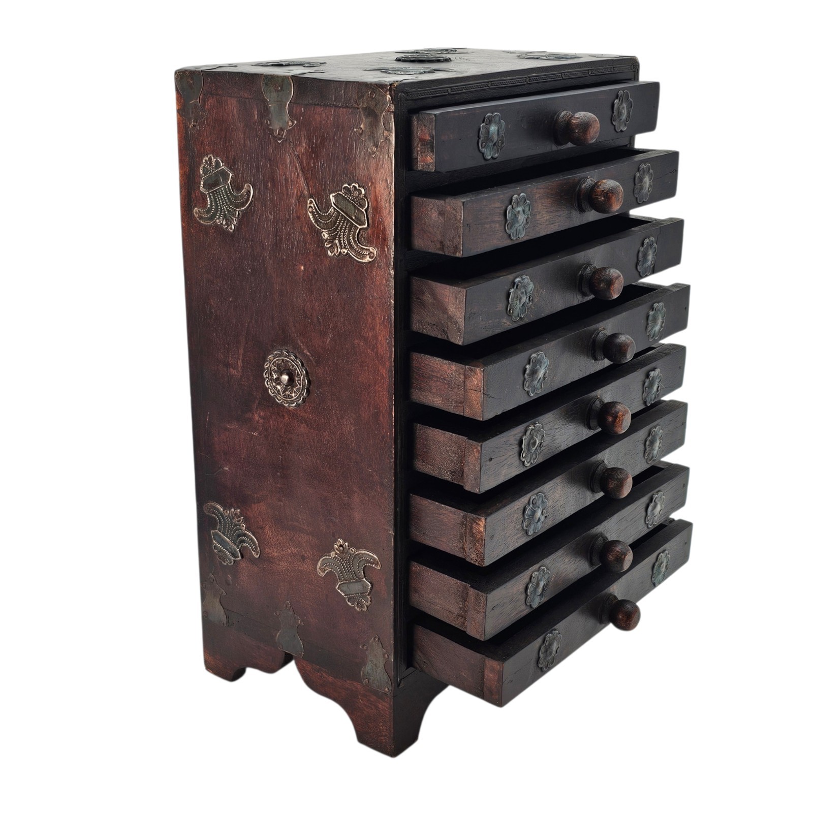 VTG Apothecary Drawer Cabinet 8 Drawer Indian Wood Spice Jewelry Chest (13")