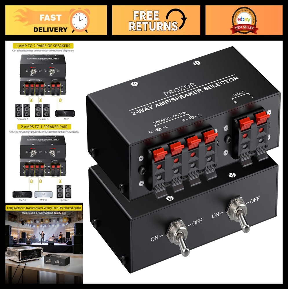 2-Zone Speaker Switch Box - 2-Way Amp Selector, A/B Control, Passive Stereo, 150