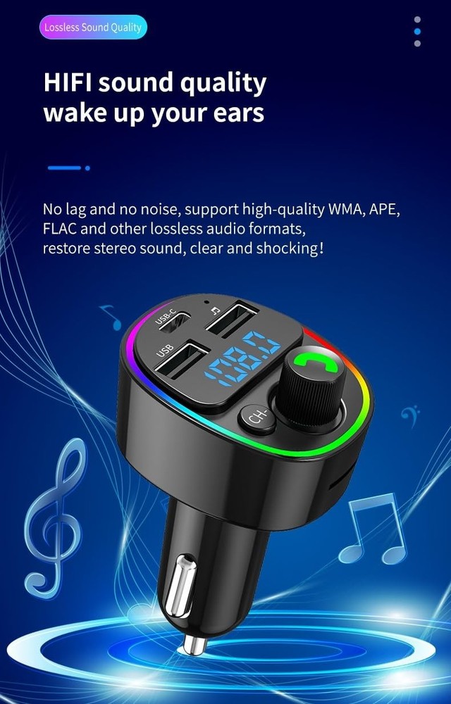 Bluetooth FM Transmitter HiFi Stereo Hands Free Type C USB A Charger Cars