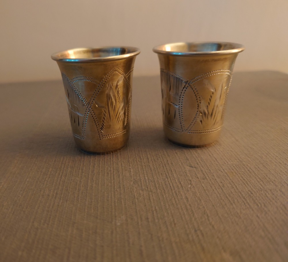 Antique 1889 Russian Two Silver Shot Cups with floral pattern