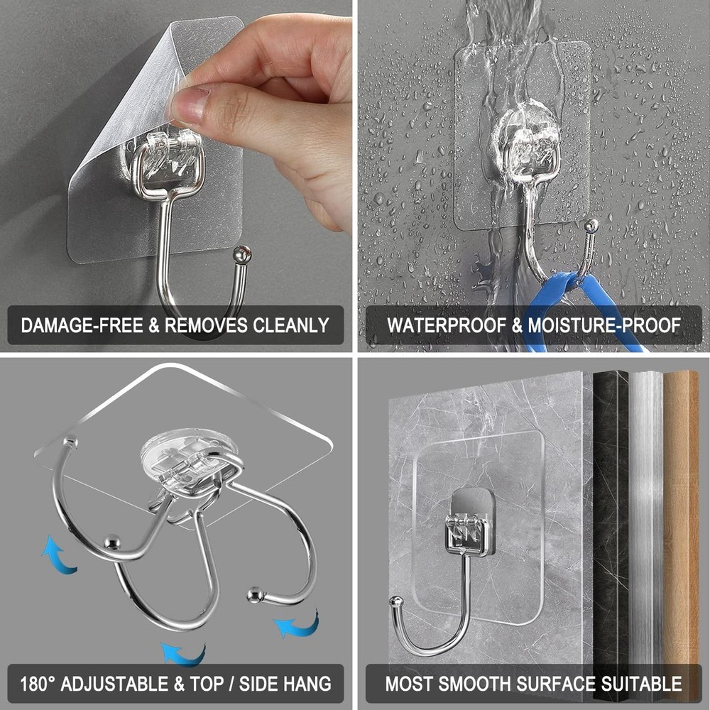 15 pack Large Adhesive Wall Hooks, Damage-Free Waterproof Rustproof 33Ib Max ...