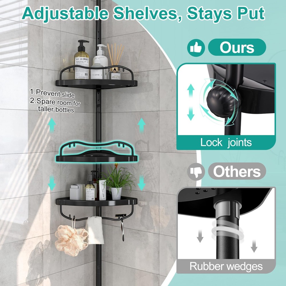 Corner Shower Caddy: Rustproof 125" Tension Inside Shower Organizer, Adjustab...