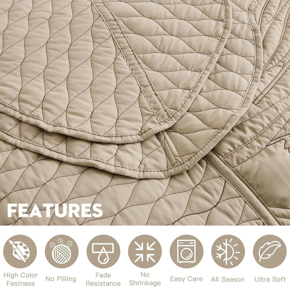 Botanical Oversized Bedspread Queen Size - Leaves Pattern Stitching Quilt Set...