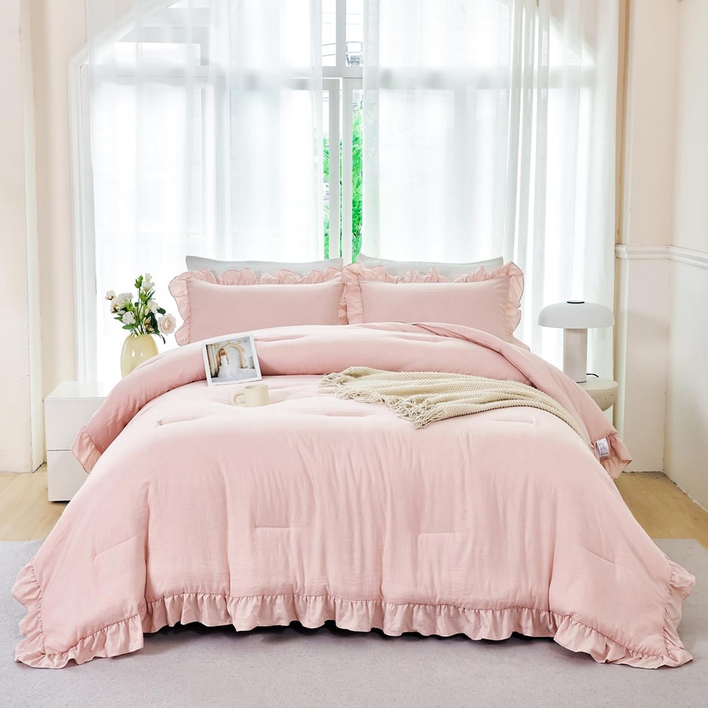 ANGIYUIN 5 Pieces Blush Pink Ruffled Comforter Sets Full(5Pcs),