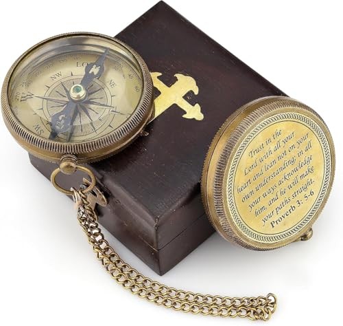 Brass Compass Gift with Display Box - Engraved Scripture Prayer Aged Brass
