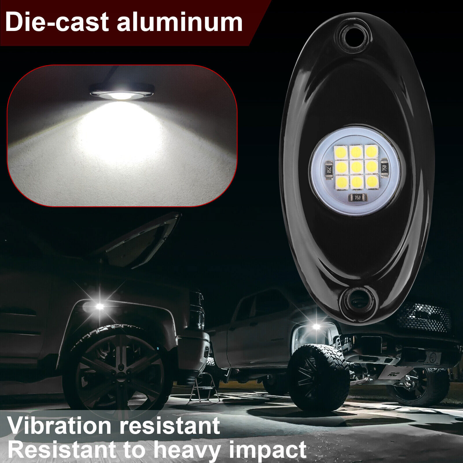 8 X LED Rock Lights White Underbody Trail Rig Glow Lamp Offroad SUV Pickup Truck