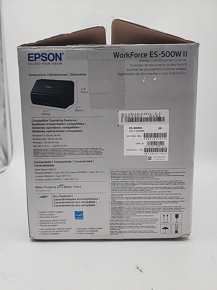 Epson WorkForce ES-500W II Wireless Duplex Document Scanner Open Box Complete