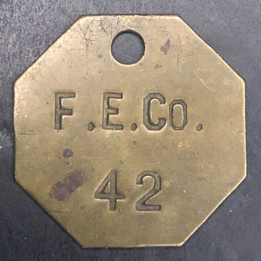 F.E. Co. "42" Brass Tool Tag Octagon 38mm