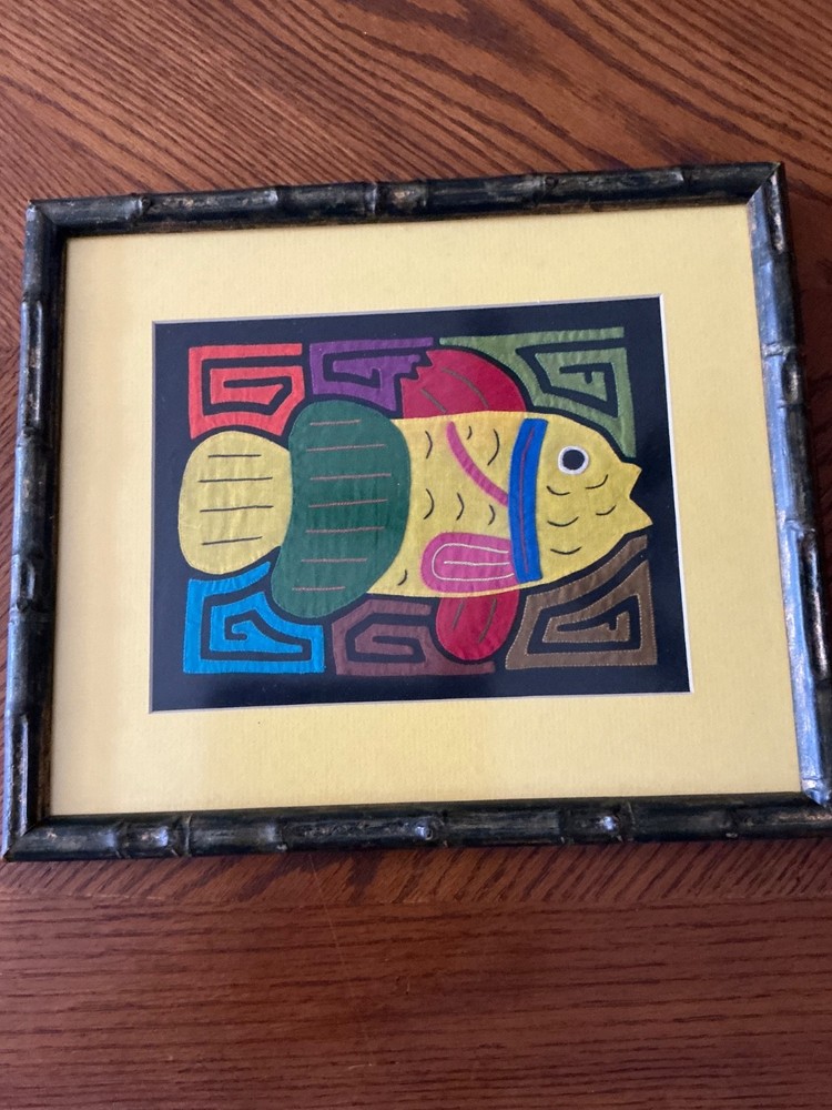 Mola from panama vintage framed multicolored fish
