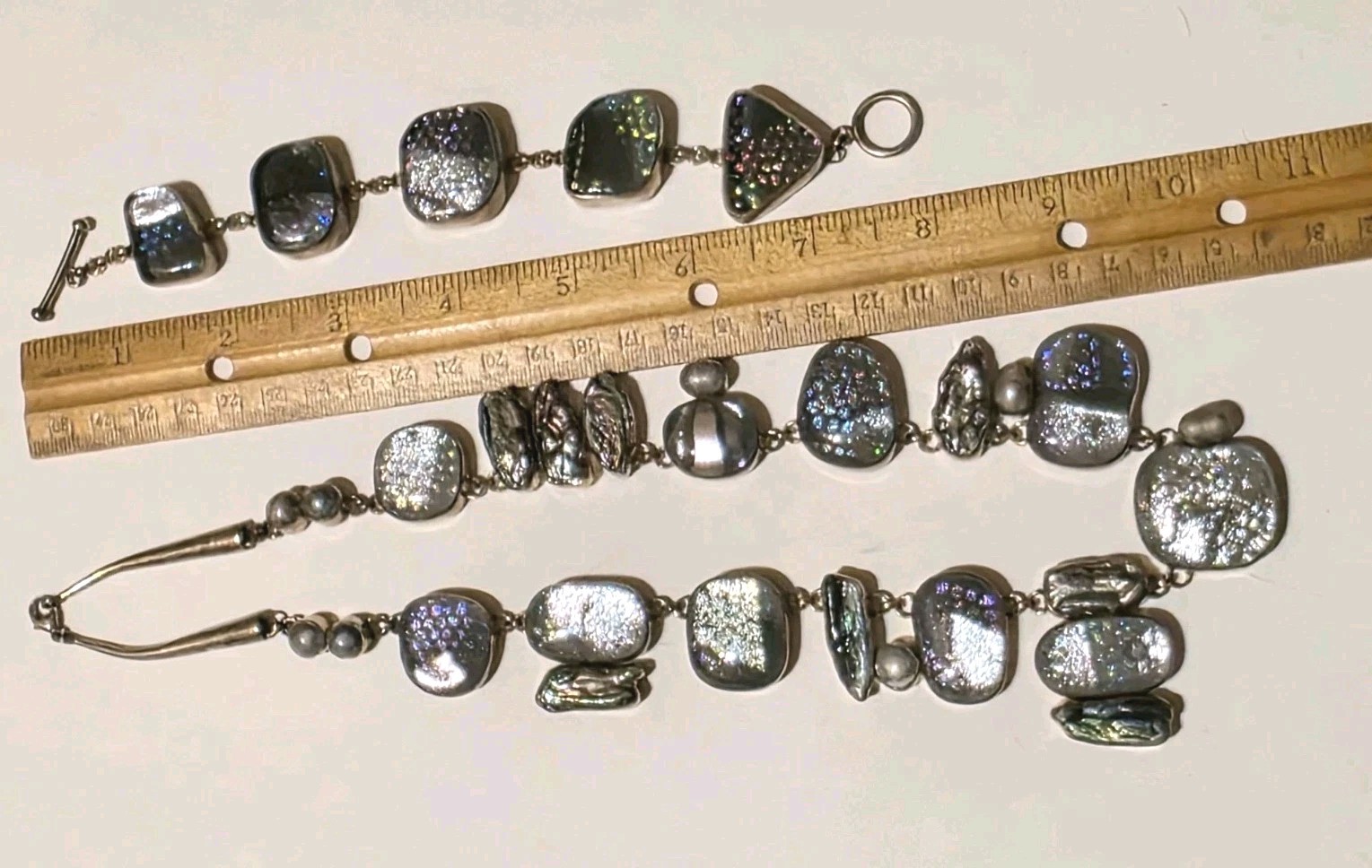 Signed Sterling Silver Dichroic Art Glass Necklace Bracelet Set Large Statement