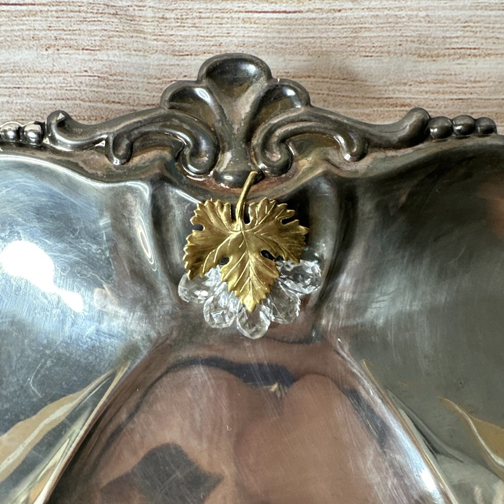 Vintage BO Italy Silverplate 3 Section Bonbon Dish Gold Leaf Crystal Grapes
