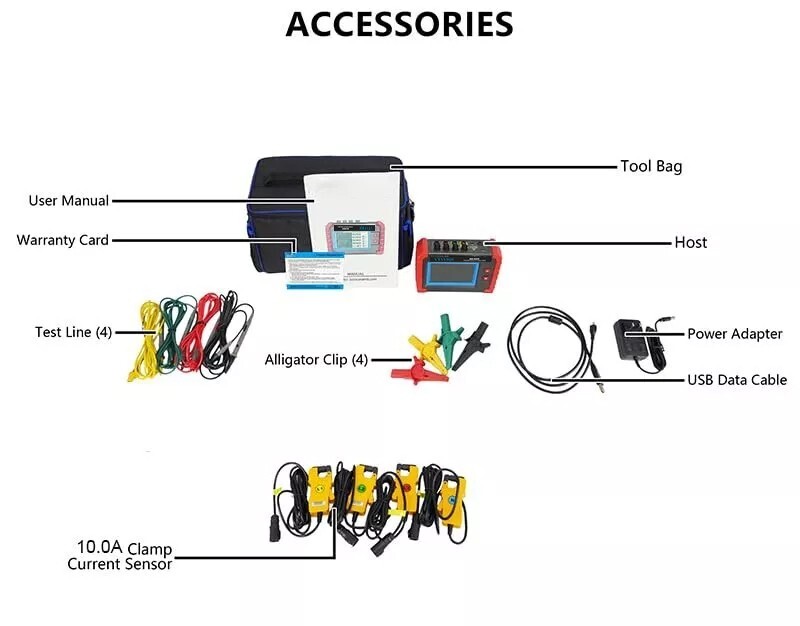 3 Phase Power Quality Analyzer Meter with Current Clamp 10mA~10.0A USB Interface
