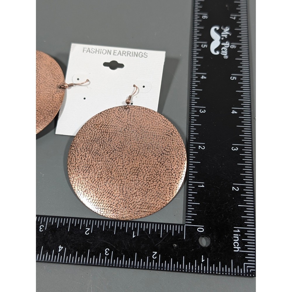 Copper Tone Large Pebble Textured Round Disc Dangle Earrings Pierced Statement