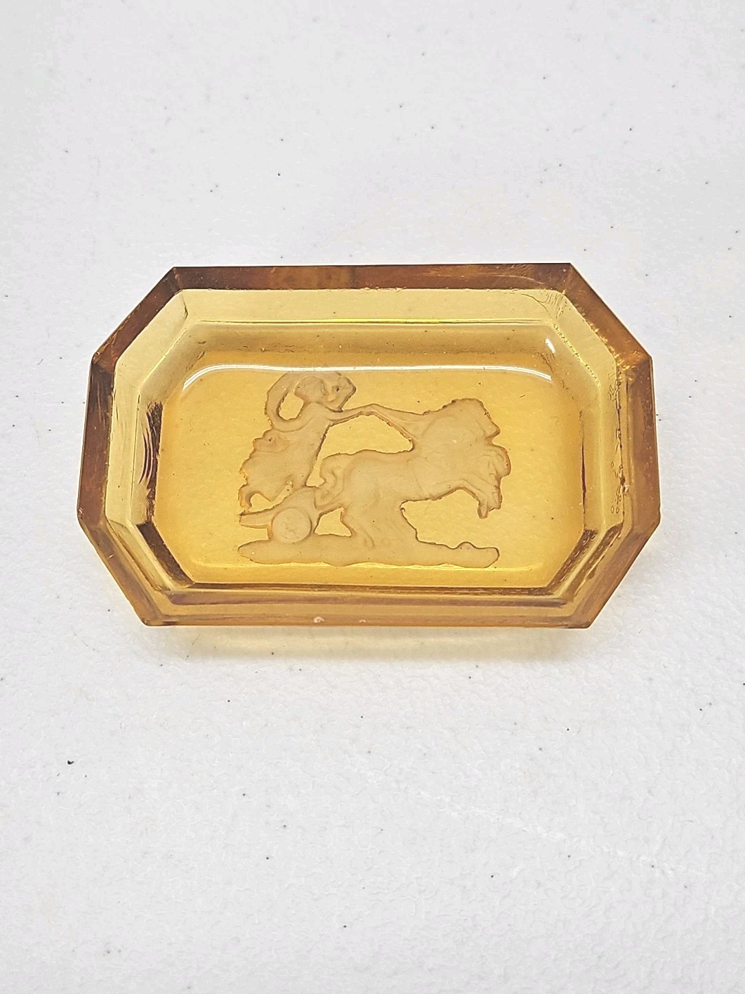 Antique Czech Amber Glass Salt Cellar Intaglio Design Ornate Brass Holder RARE