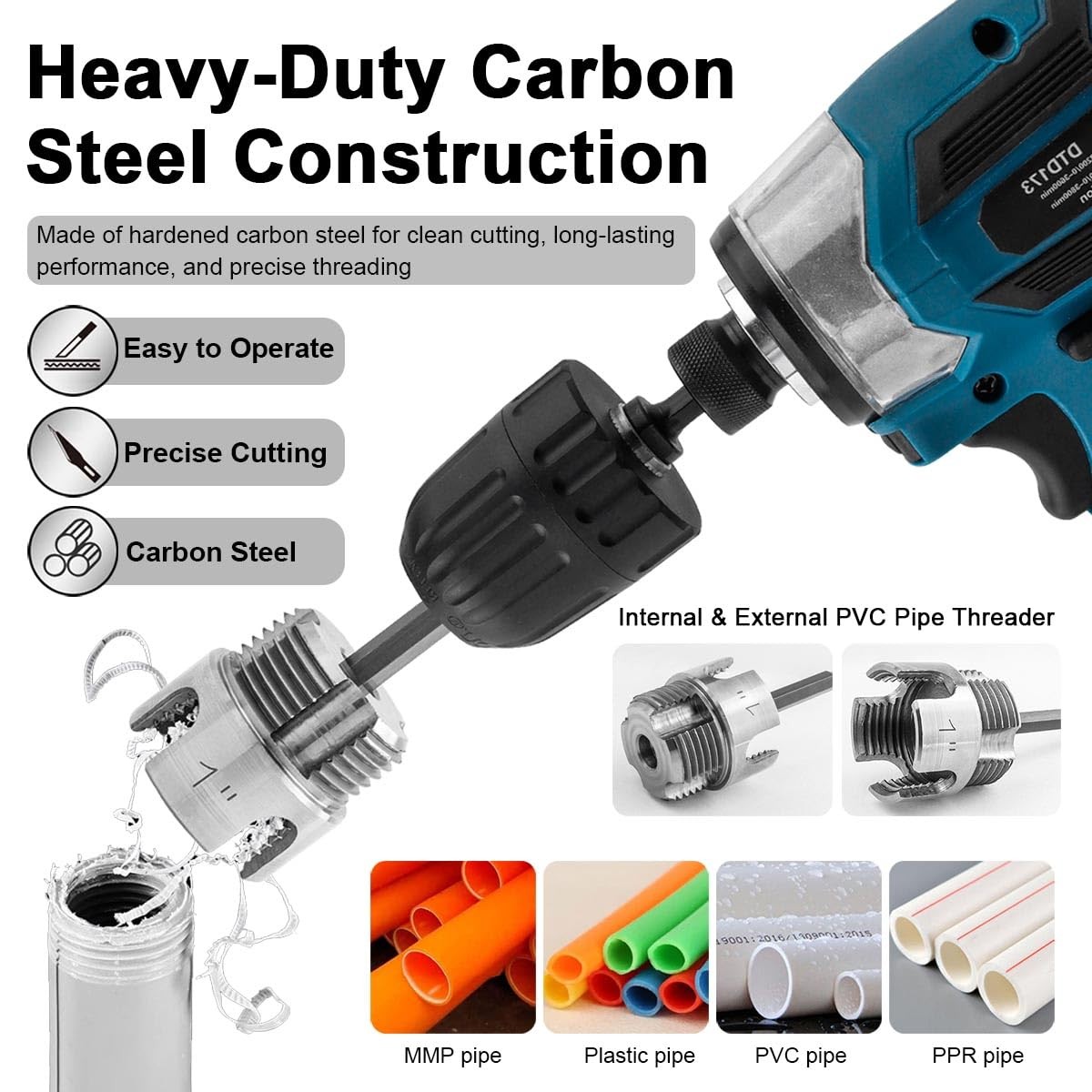 3Pcs PVC Pipe Threader Kit 1/2" 3/4" 1" NPT, Integrated Internal & External Pipe