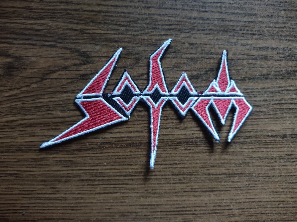 SODOM,IRON ON RED WITH WHITE BORDER EMBROIDERED PATCH