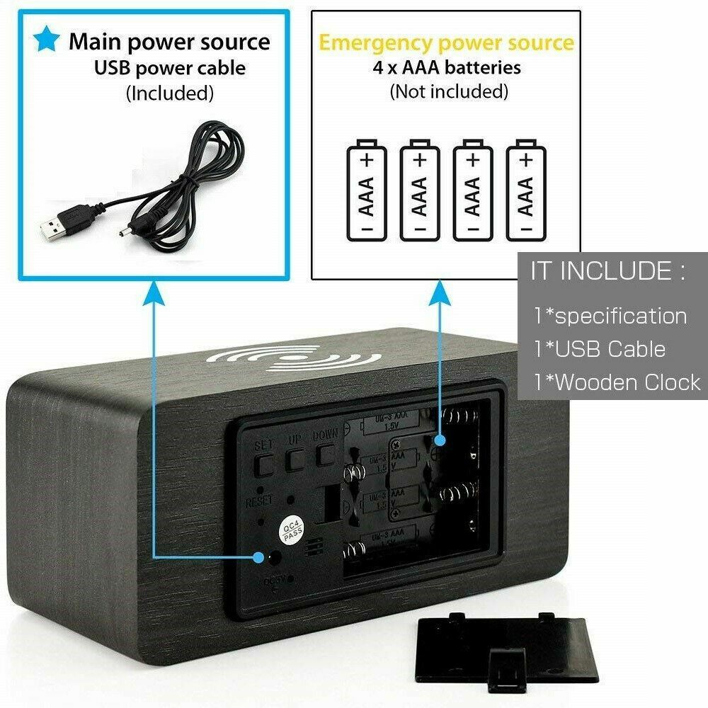 Modern Wooden Wood Digital LED Desk Alarm Clock Thermometer Qi Wireless Charger