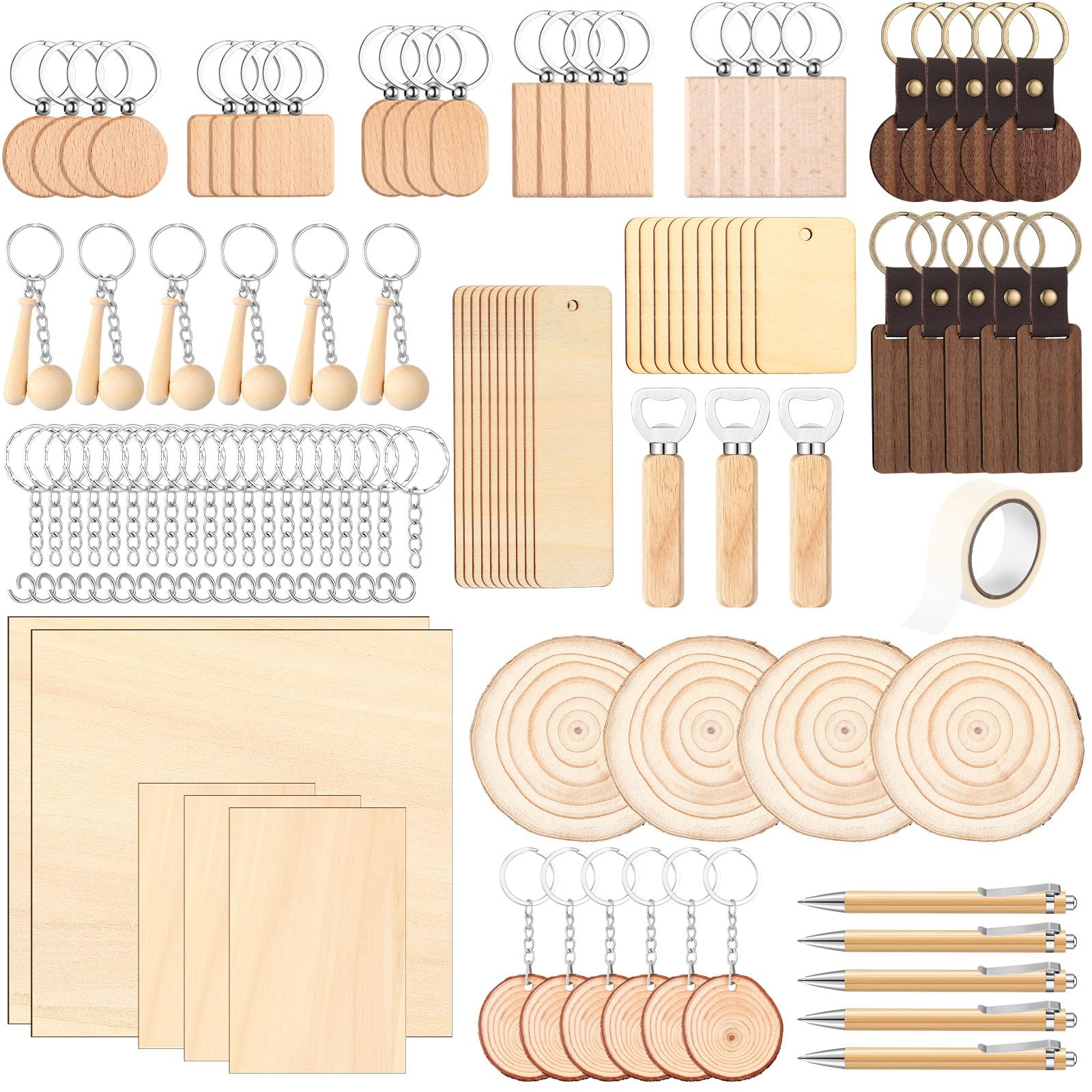 100 Pcs Laser Material Kit Engraving Blanks Wooden Keychains Blanks Set Laser Cu