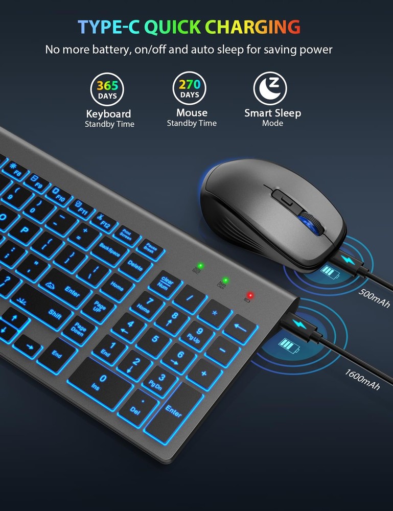 Wireless Keyboard Mouse Combo Backlit Compact Quiet Rechargeable Space Gray