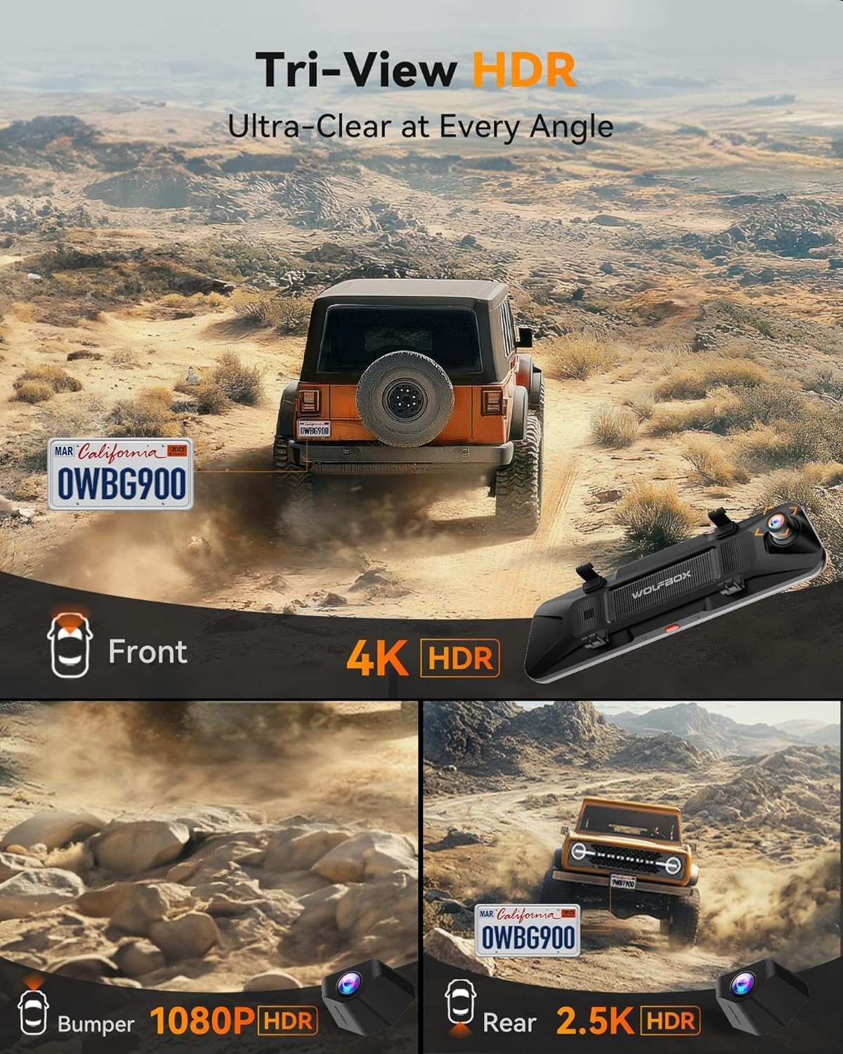 WOLFBOX G900 Tripro 3 Channel 4K Dash Cam Bumper STARVIS 2 WiFi Voice Control