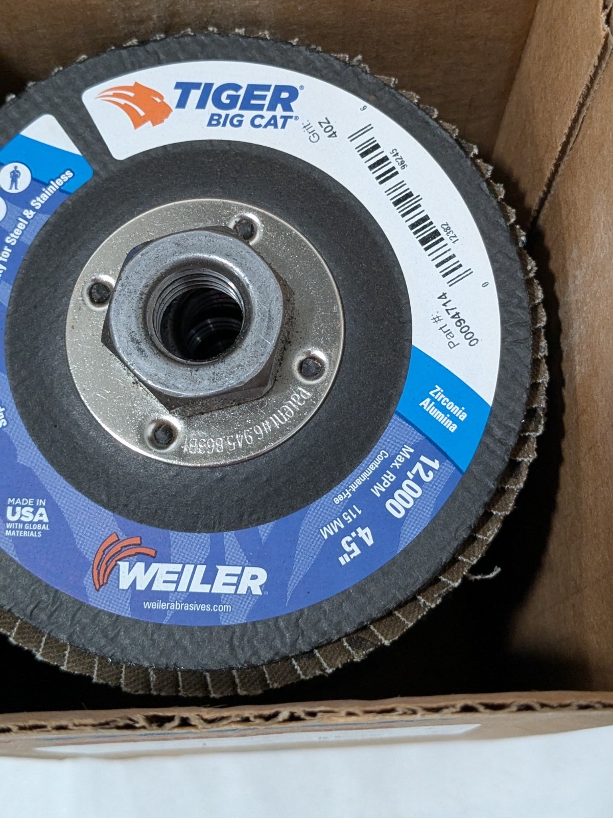 Weiler Flap Disc: 4-1/2" Dia, 40 Grit, Zirconia Alumina, Type 27 Box of 10 96245